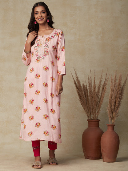 Floral printed Resham, Sequins & Zari Dori Embroidered Kurta - Peach-Pink