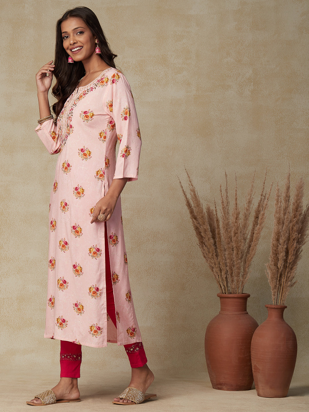 Floral printed Resham, Sequins & Zari Dori Embroidered Kurta - Peach-Pink