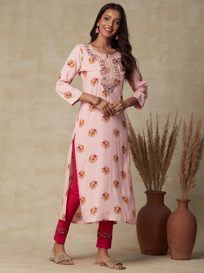 Floral printed Resham, Sequins & Zari Dori Embroidered Kurta - Peach-Pink