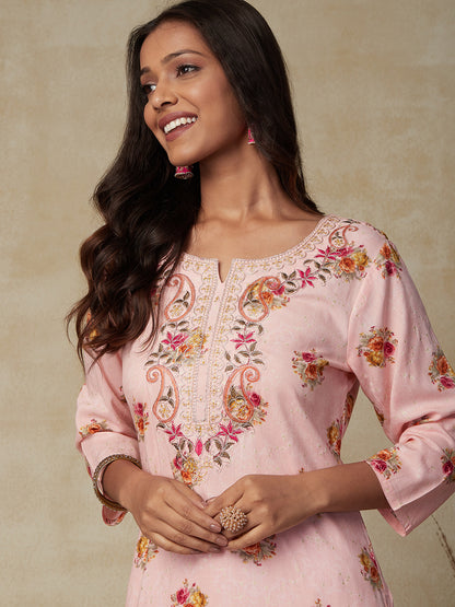 Floral printed Resham, Sequins & Zari Dori Embroidered Kurta - Peach-Pink