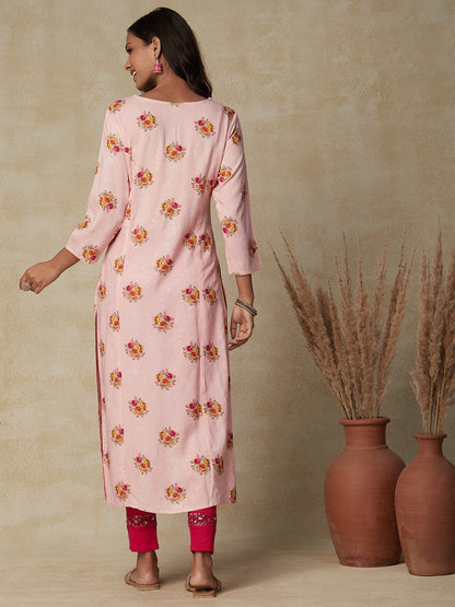 Floral printed Resham, Sequins & Zari Dori Embroidered Kurta - Peach-Pink