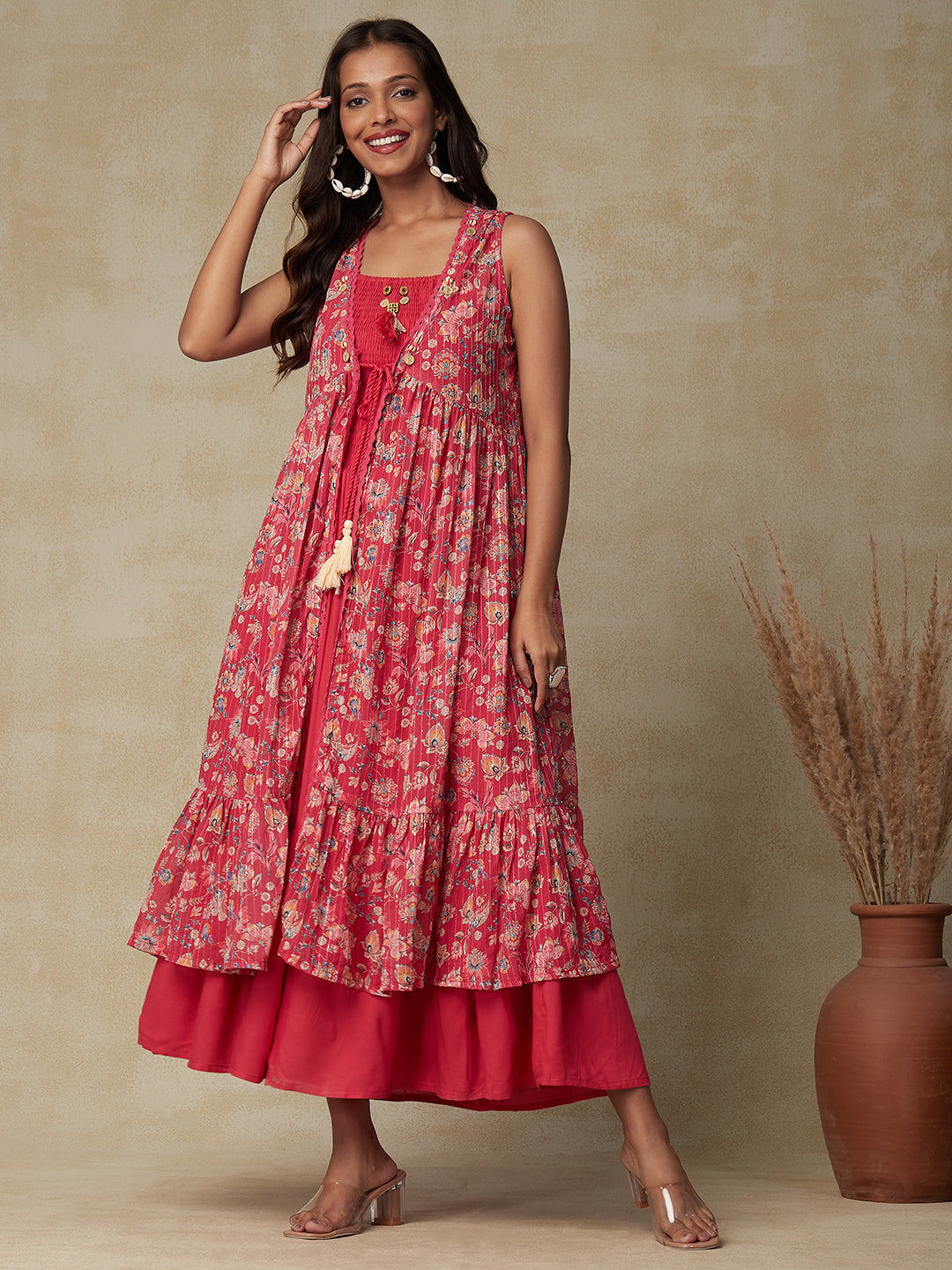 Solid Tasseled Smocked Midi Dress with with Floral Printed Coin Tikki Work Jacket - Red