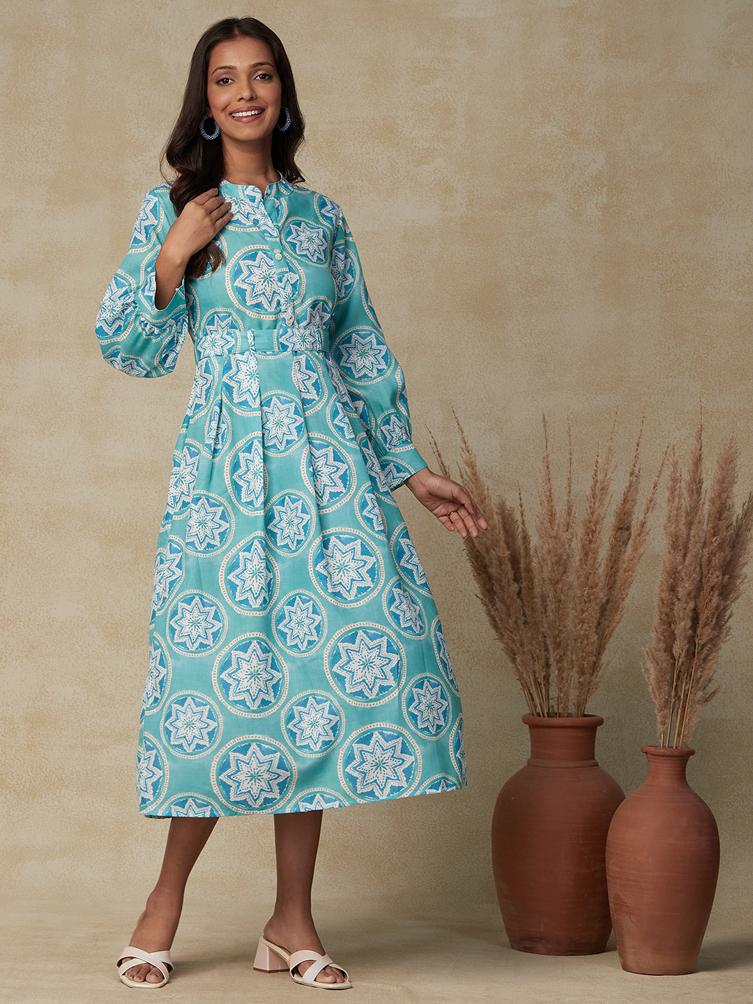 Star Printed Mother-of-Pearl Buttoned Pleated Dress with Printed Tie-up Waist Belt - Sea Green