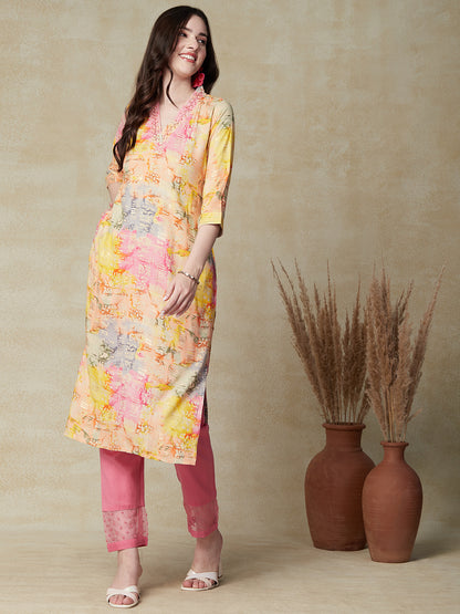 Abstract Foil Printed Beads & Cutdana Embroidered Kurta - Multi