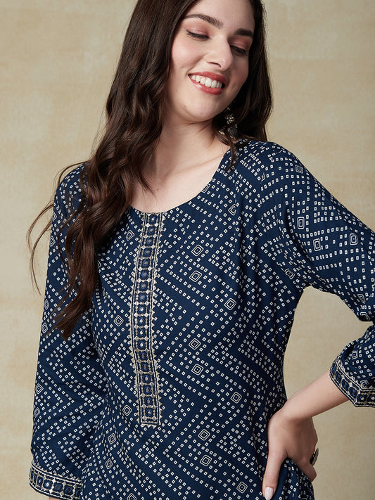 Ethnic Printed Mirror & Zari Embroidered Kurta - Blue