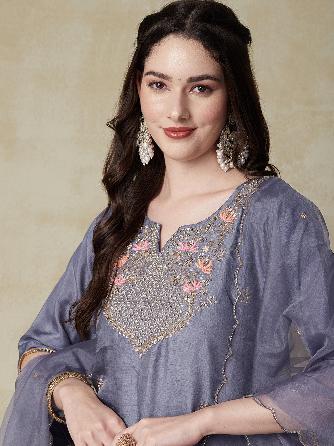 Solid Zardozi Embroidered Kurta with Pants & Embroidered Dupatta - Grey