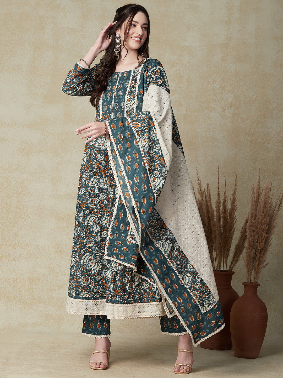 Floral Printed Sequins Embroidered Anarkali Kurta with Pants & Schiffili Dupatta - Green