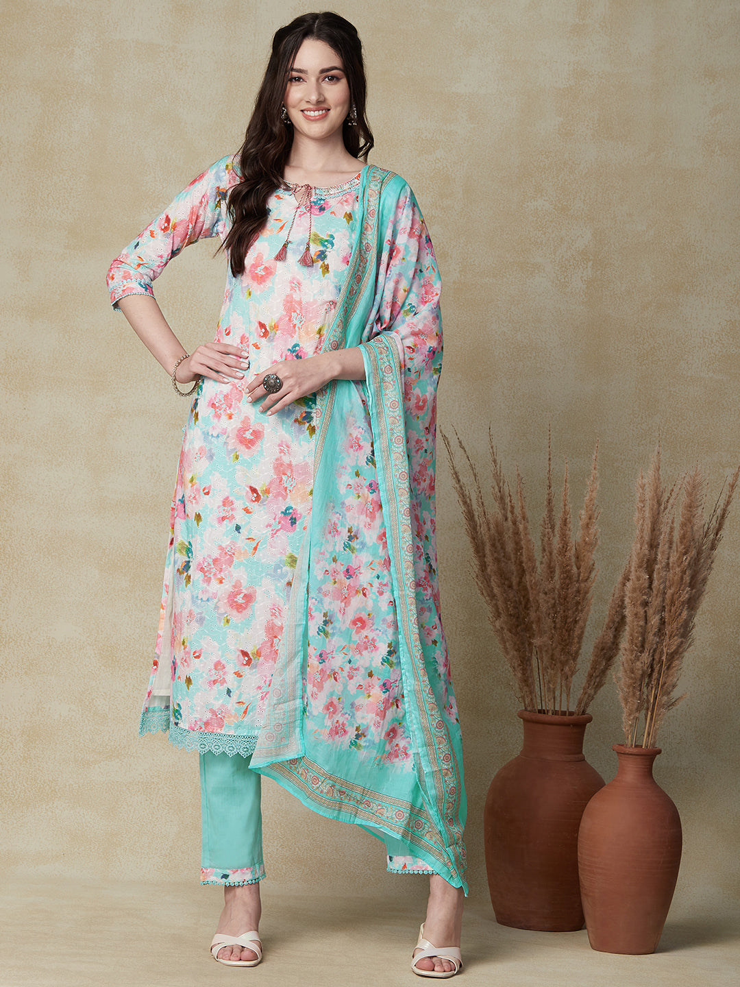Abstract Printed Beads Embroidered Schiffili Kurta with Pants & Dupatta - Multi