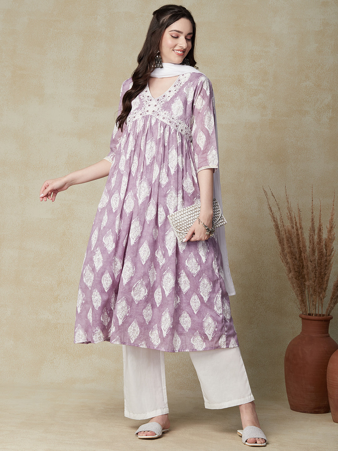 Abstract Printed Mirror & Resham Embroidered Gathered Kurta with Pants & Dupatta - Purple