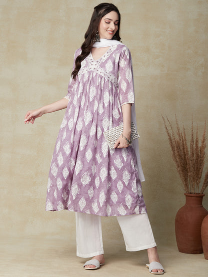 Abstract Printed Mirror & Resham Embroidered Gathered Kurta with Pants & Dupatta - Purple