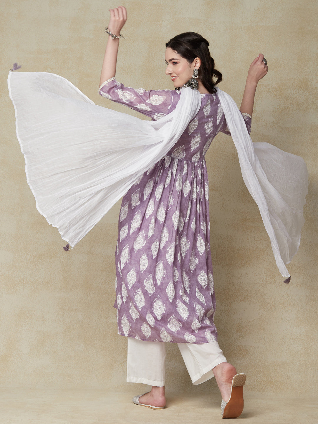 Abstract Printed Mirror & Resham Embroidered Gathered Kurta with Pants & Dupatta - Purple