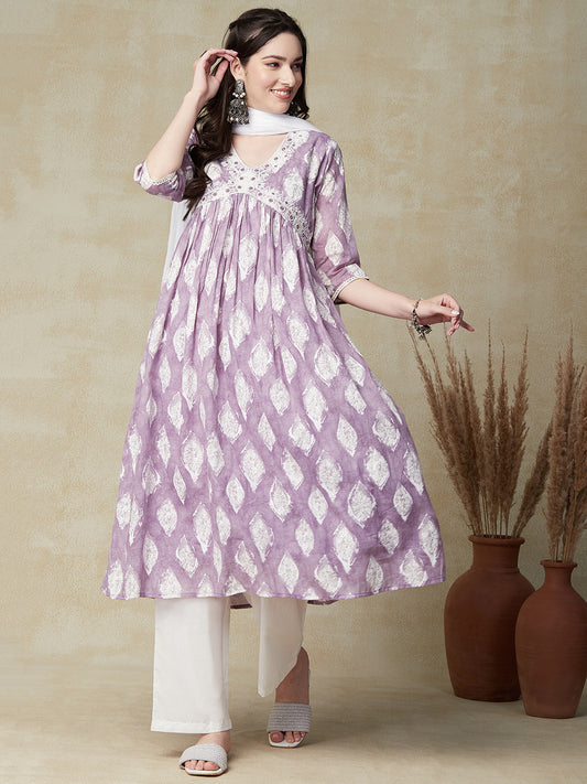 Abstract Printed Mirror & Resham Embroidered Gathered Kurta with Pants & Dupatta - Purple