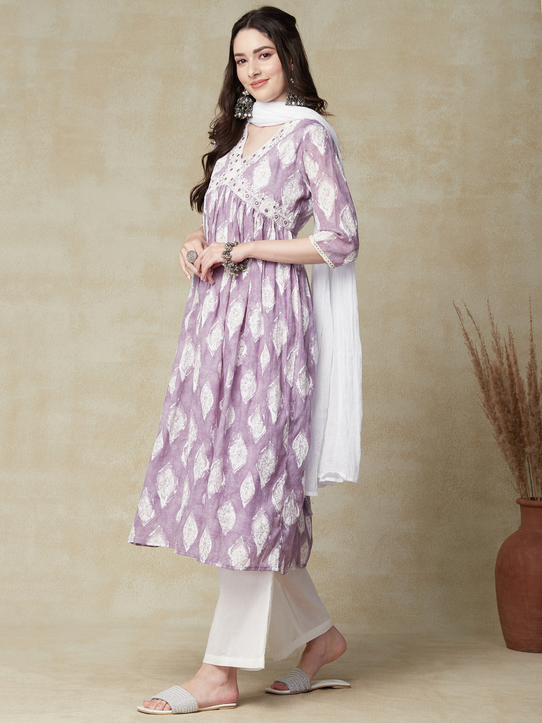 Abstract Printed Mirror & Resham Embroidered Gathered Kurta with Pants & Dupatta - Purple