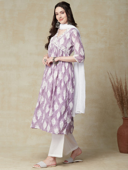 Abstract Printed Mirror & Resham Embroidered Gathered Kurta with Pants & Dupatta - Purple