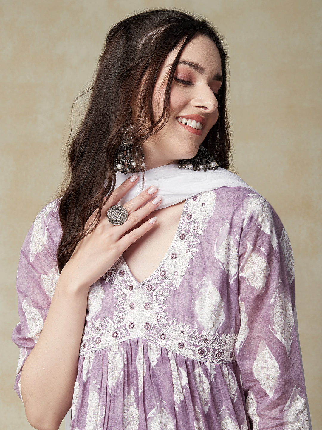 Abstract Printed Mirror & Resham Embroidered Gathered Kurta with Pants & Dupatta - Purple