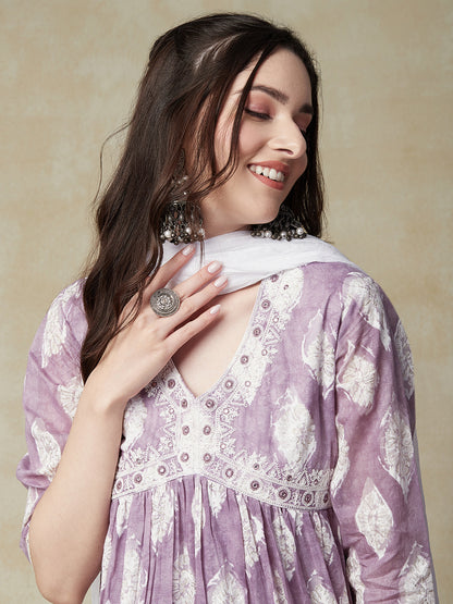 Abstract Printed Mirror & Resham Embroidered Gathered Kurta with Pants & Dupatta - Purple