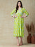 Ethnic Buta & Chevron Printed A-Line Paneled Midi Dress - Lime Green
