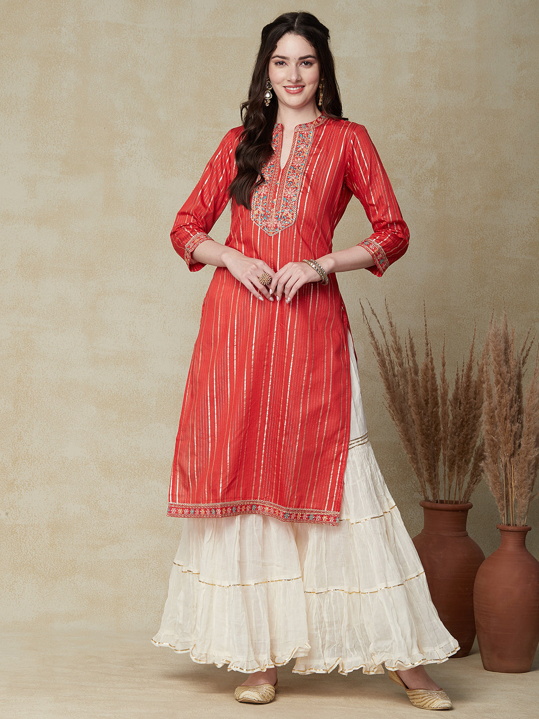 Lurex Striped & Ethnic Embroidered Straight Fit Kurta - Red