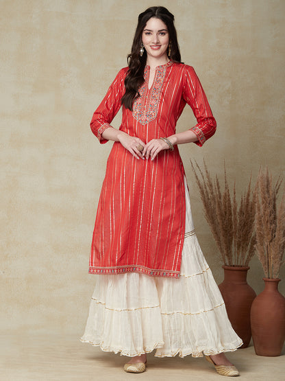Lurex Striped & Ethnic Embroidered Straight Fit Kurta - Red