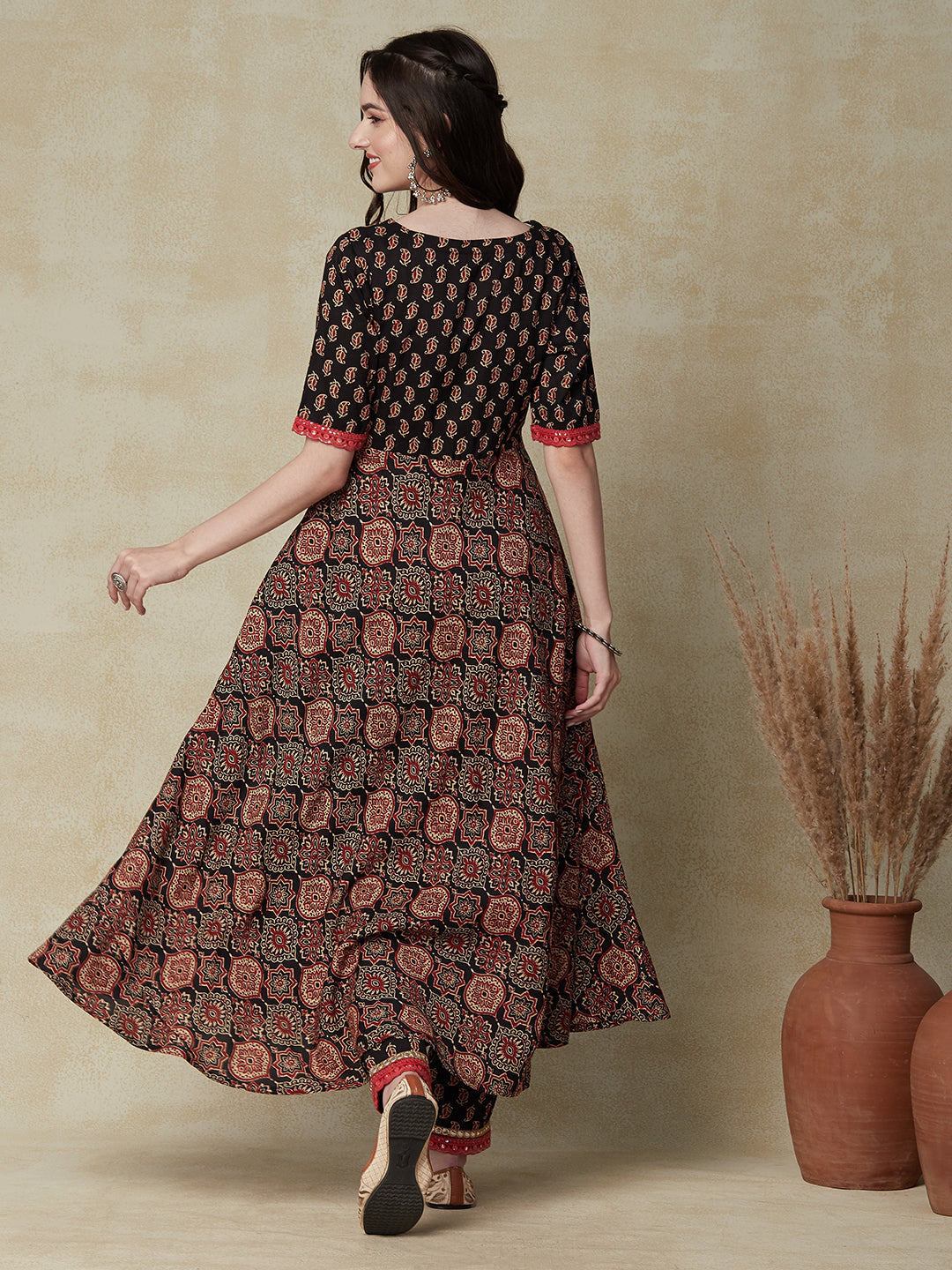 Ethnic Printed & Embroidered A-Line Flared Kurta with Pant - Black