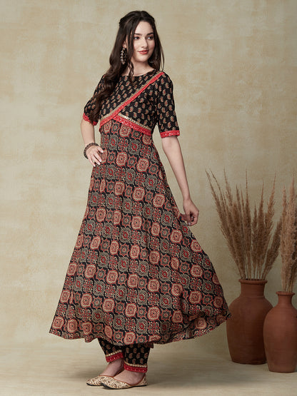 Ethnic Printed & Embroidered A-Line Flared Kurta with Pant - Black