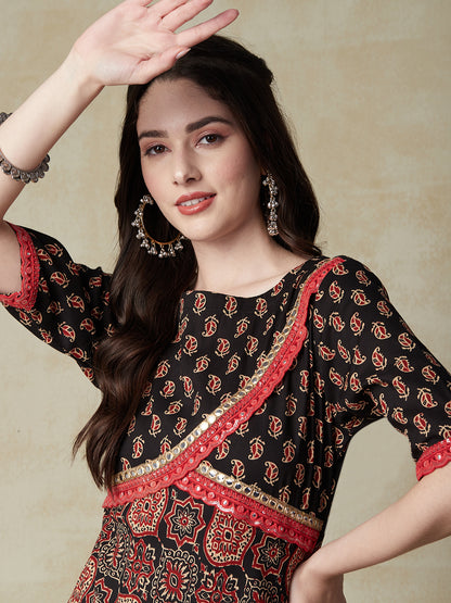 Ethnic Printed & Embroidered A-Line Flared Kurta with Pant - Black