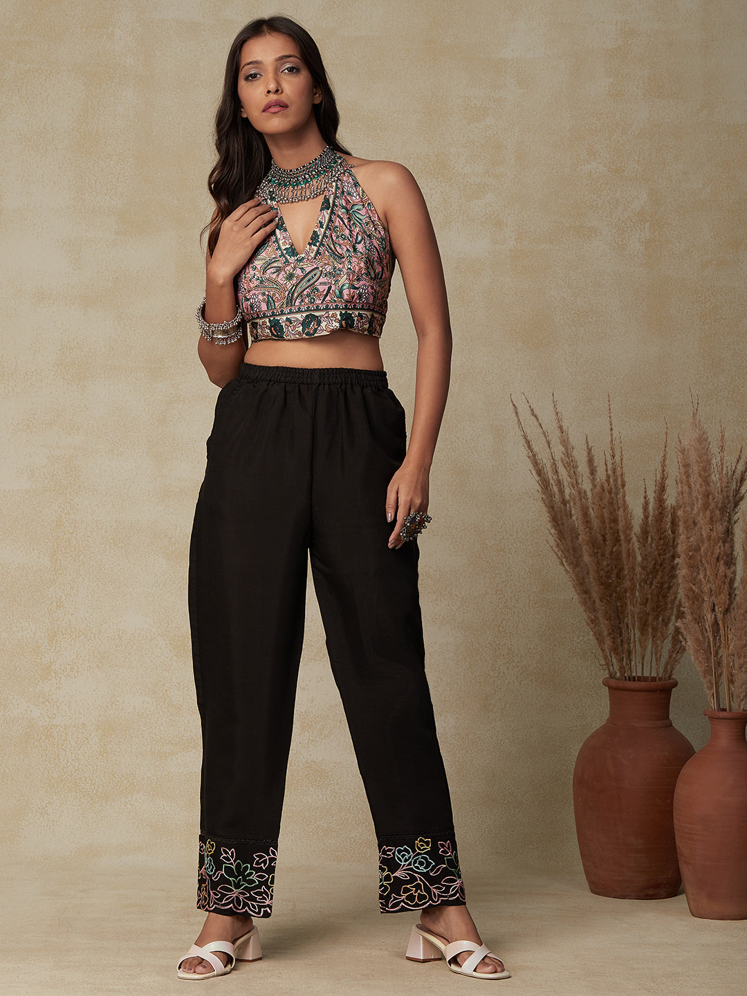 Floral Embroidered & Crochet Lace Straight Fit Pant - Black