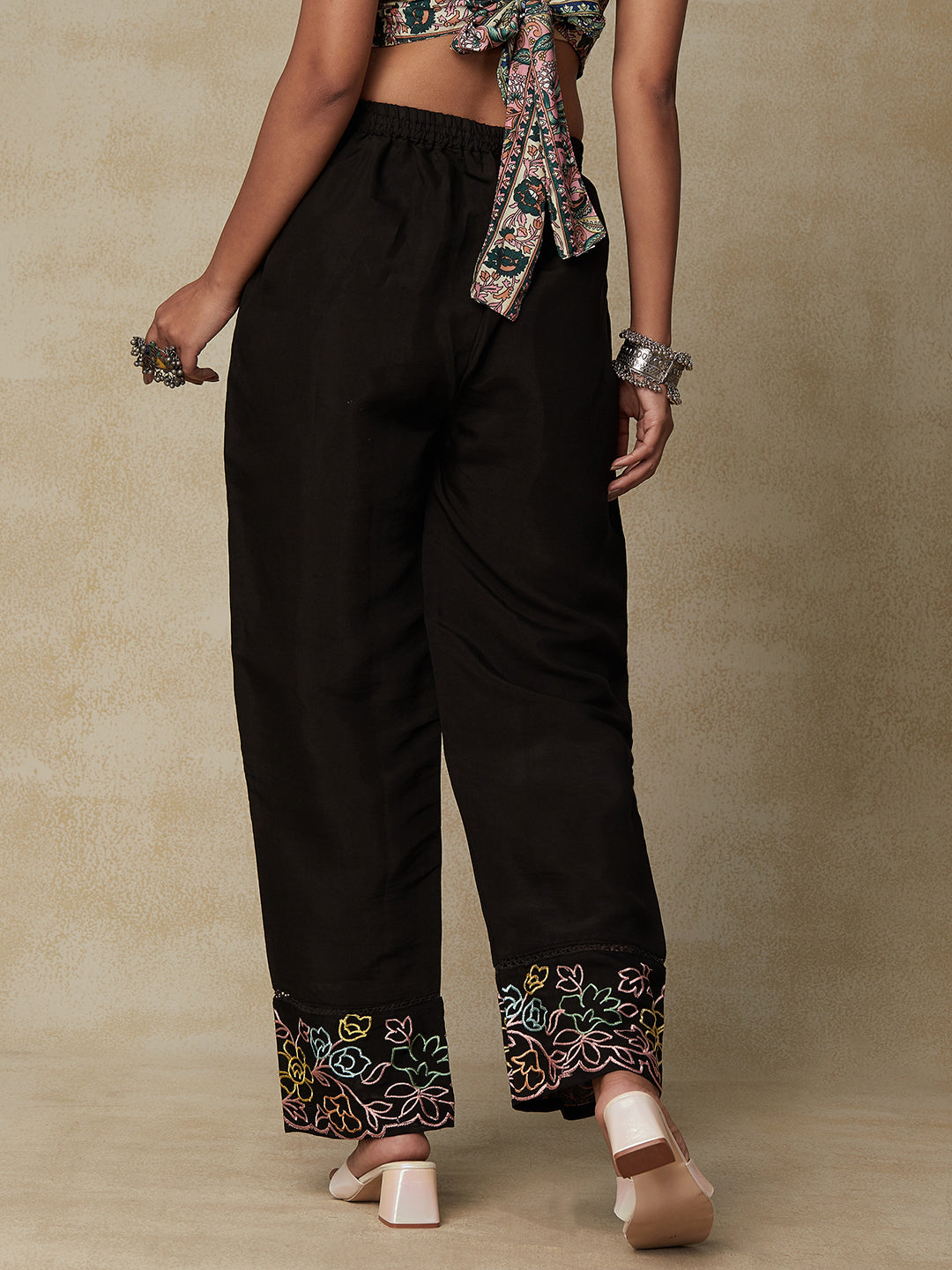 Floral Embroidered & Crochet Lace Straight Fit Pant - Black