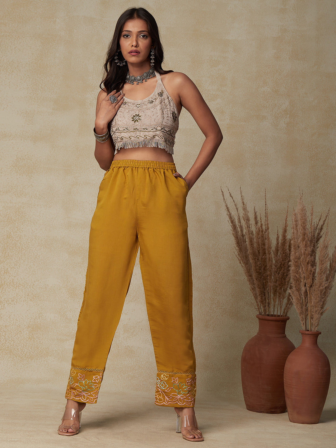 Floral Embroidered & Crochet Lace Straight Fit Pant - Mustard
