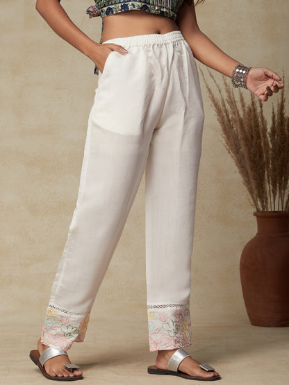 Floral Embroidered & Crochet Lace Straight Fit Pant - White
