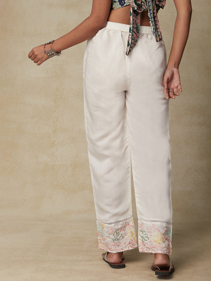 Floral Embroidered & Crochet Lace Straight Fit Pant - White