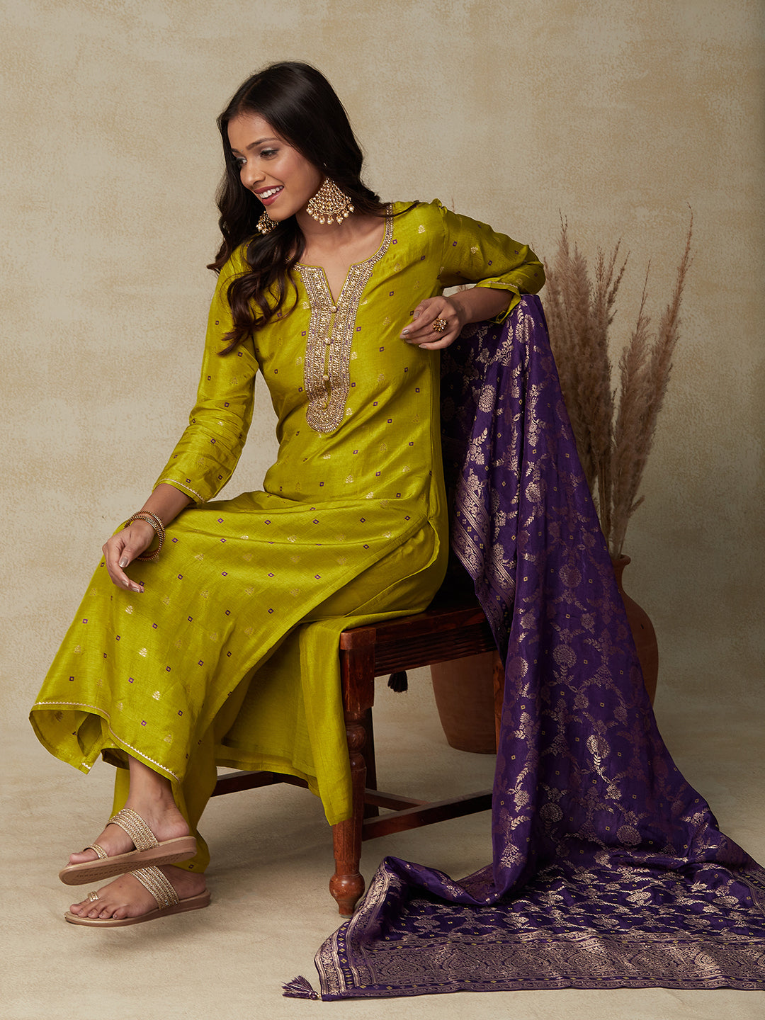 Ethnic Embroidered & Woven Straight Kurta with Pant & Brocade Dupatta - Lime Green