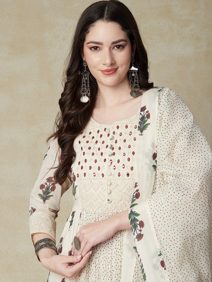 Floral Printed Mirror, Resham & Schiffili Embroidered Maxi Dress With Dupatta - Off White