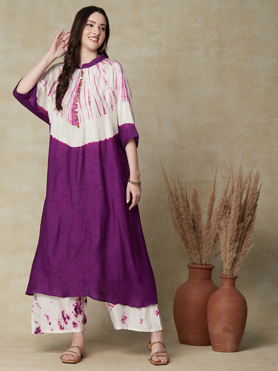 Shibori Dyed Kaftan Style Co-ord Set - Purple