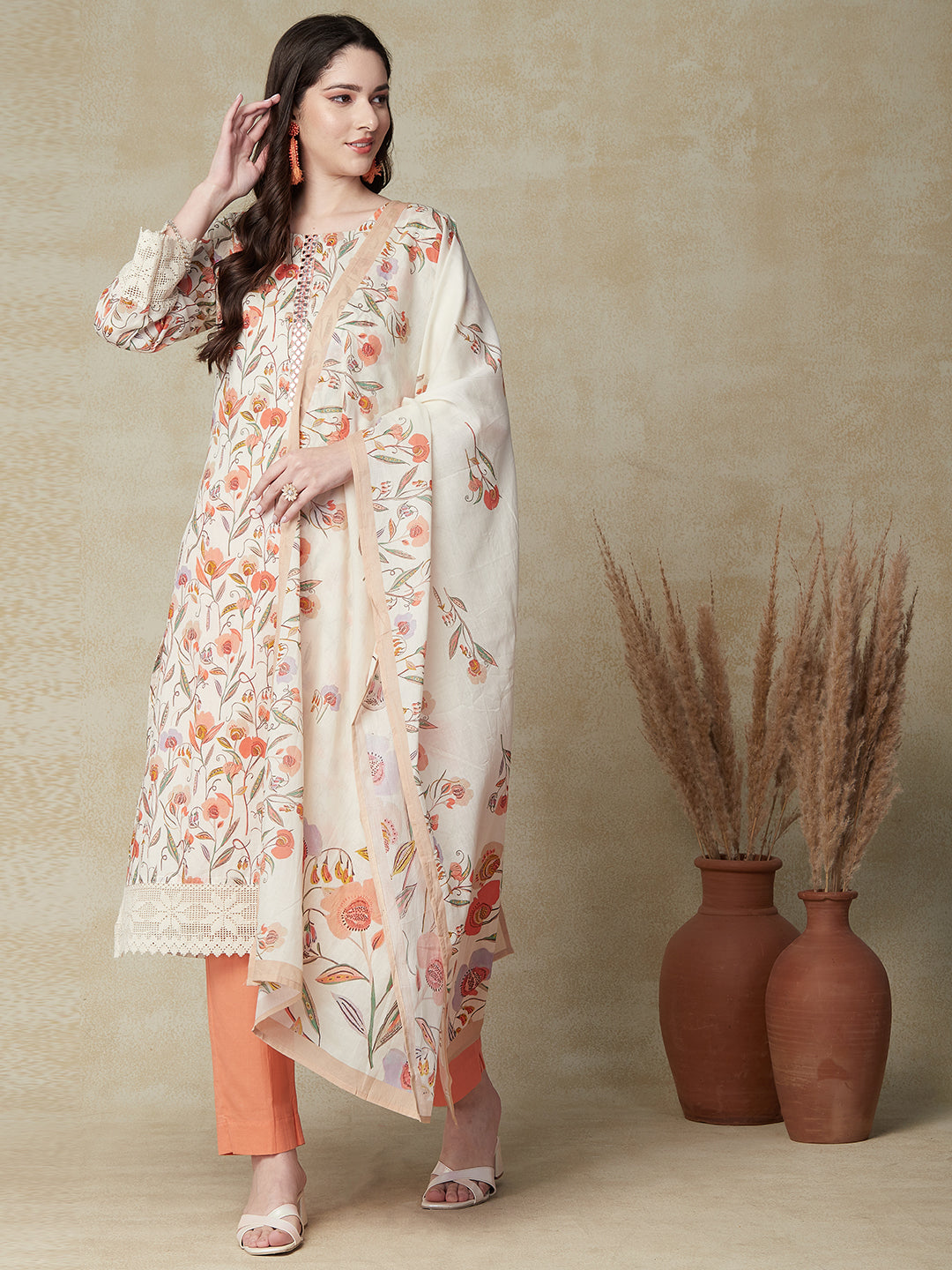 Floral Printed Mirror & Sequins Embroidered Mul-Cotton Kurta with Pants & Dupatta - Multi