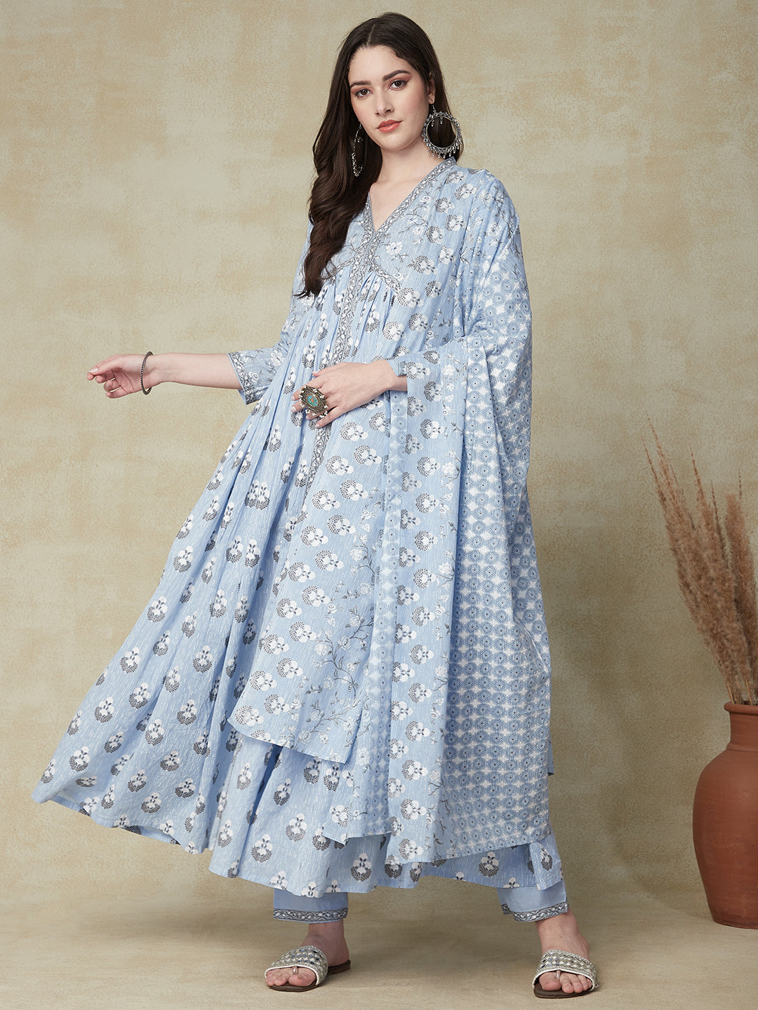 Floral Printed Mirror Embroidered Gathered Kurta with Pants & Dupatta - Light Blue
