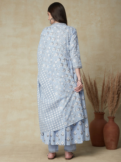 Floral Printed Mirror Embroidered Gathered Kurta with Pants & Dupatta - Light Blue