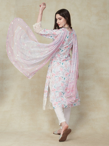 Floral Printed Mirror & Resham Embroidered Lace Work Kurta with Pants & Dupatta - Multi