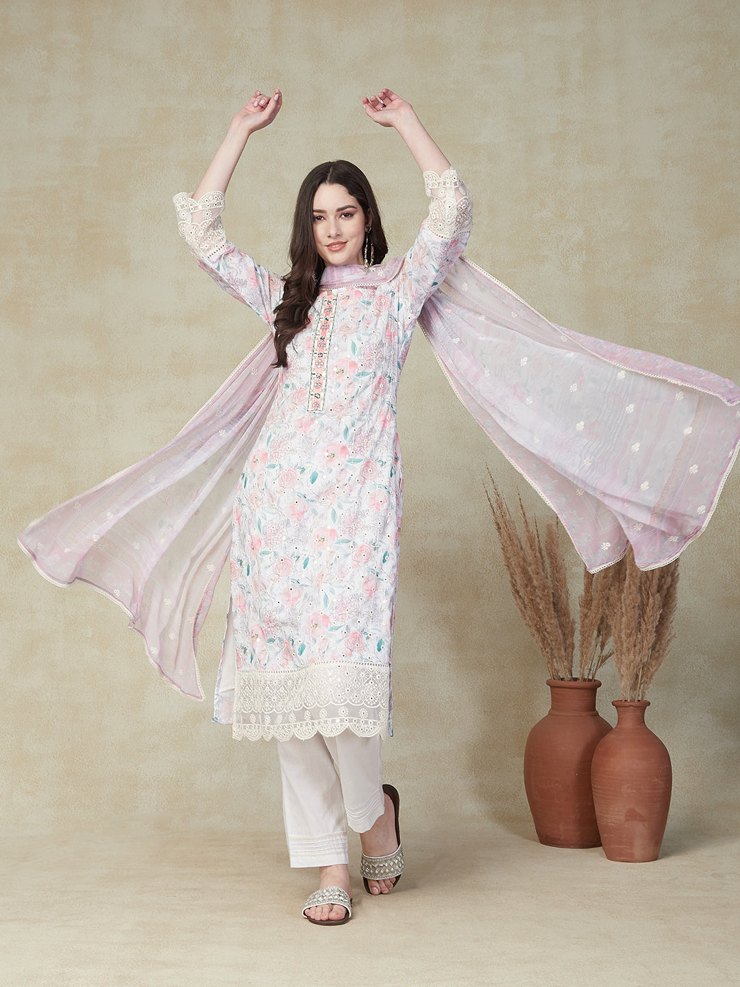 Floral Printed Mirror & Resham Embroidered Lace Work Kurta with Pants & Dupatta - Multi