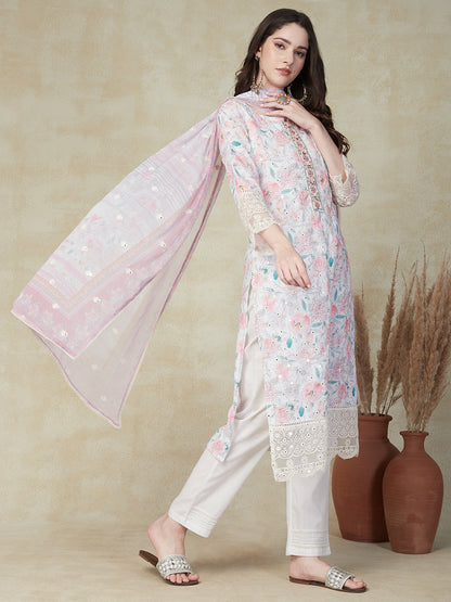 Floral Printed Mirror & Resham Embroidered Lace Work Kurta with Pants & Dupatta - Multi