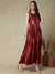 Abstract Printed Mirror & Resham Embroidered Tiered Dress With Waist Belt - Maroon
