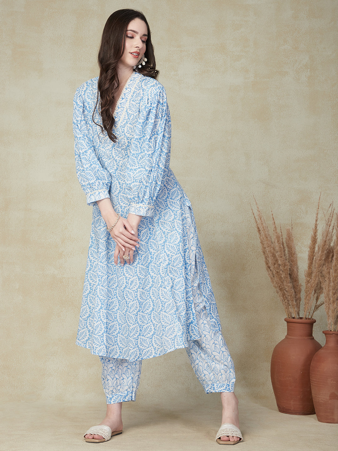 Ethnic Floral Printed A-Line Flared Kurta with Pant - Blue