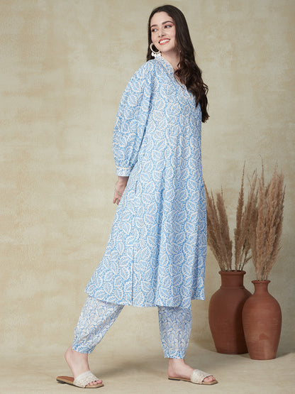 Ethnic Floral Printed A-Line Flared Kurta with Pant - Blue