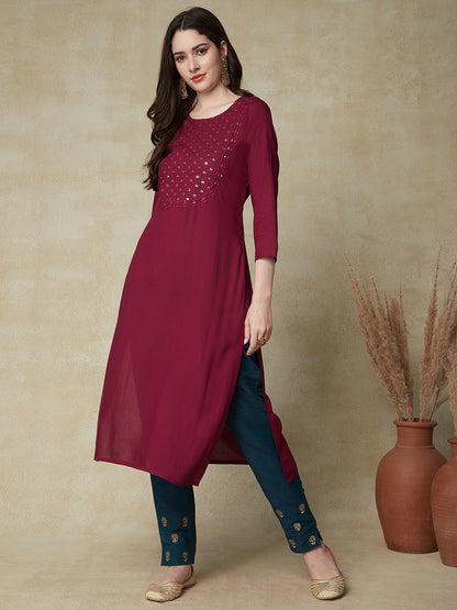 Solid Sequin Embroidered Straight Fit Kurta - Deep Purple