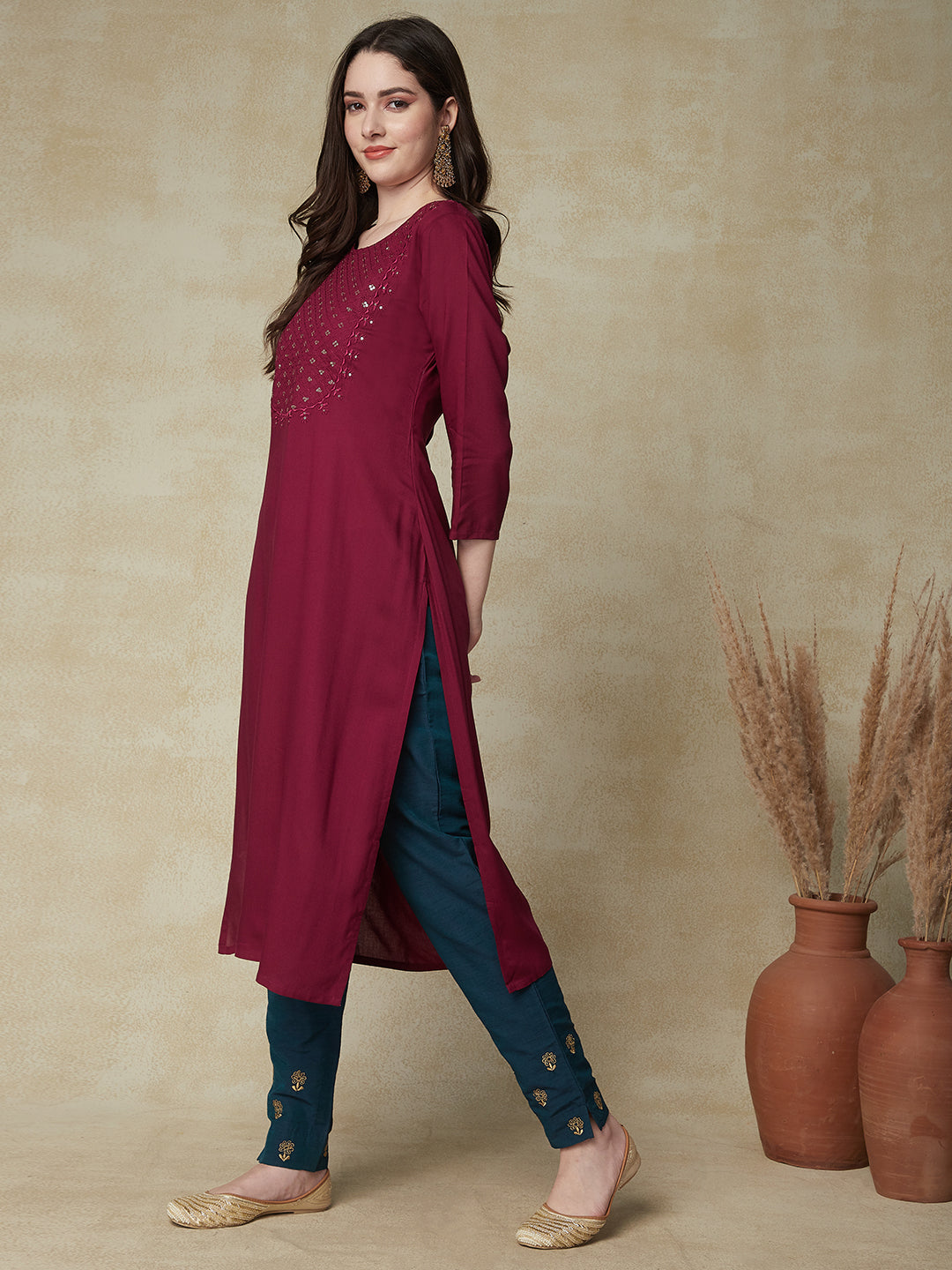 Solid Sequin Embroidered Straight Fit Kurta - Deep Purple