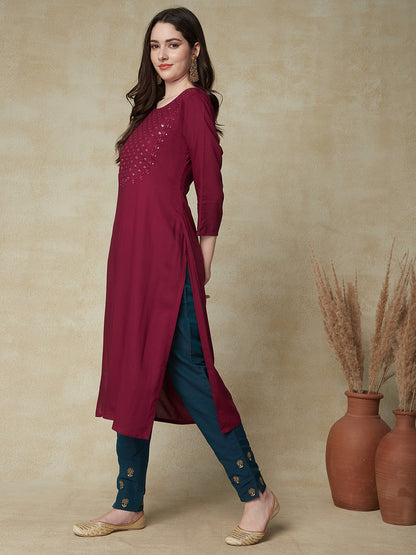 Solid Sequin Embroidered Straight Fit Kurta - Deep Purple
