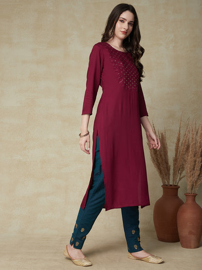Solid Sequin Embroidered Straight Fit Kurta - Deep Purple