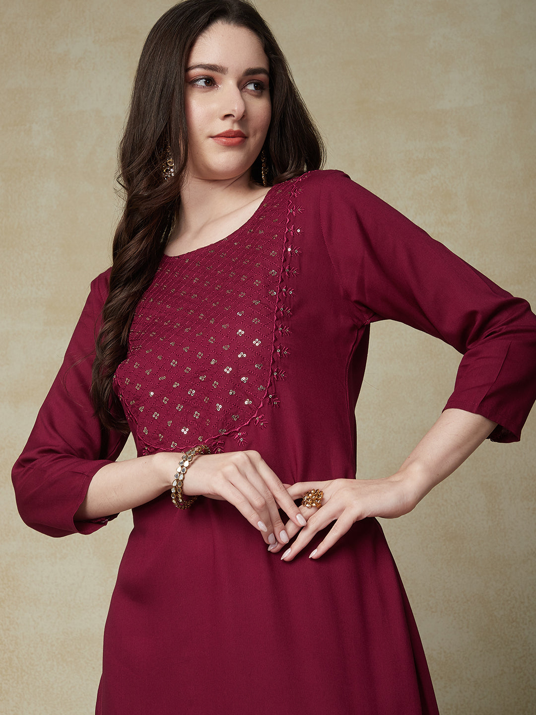 Solid Sequin Embroidered Straight Fit Kurta - Deep Purple