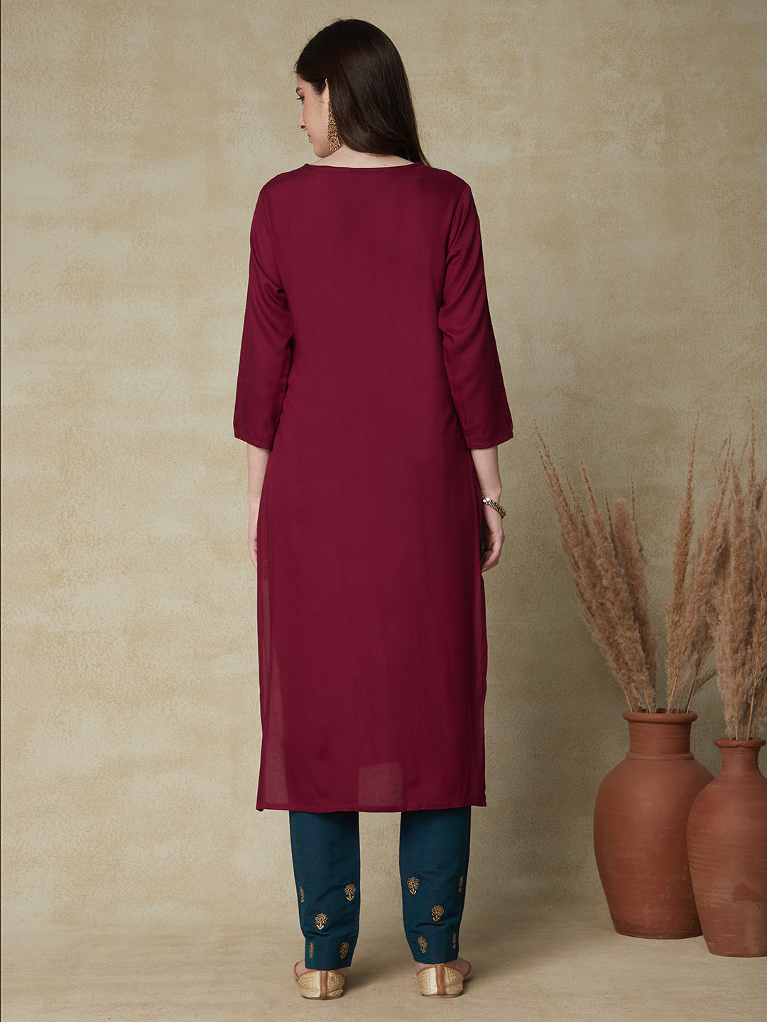 Solid Sequin Embroidered Straight Fit Kurta - Deep Purple