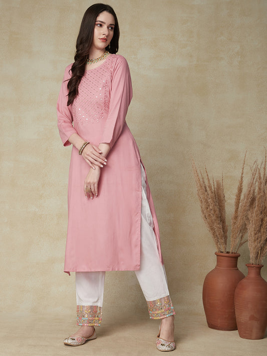 Solid Resham & Sequins Embroidered Kurta - Pink